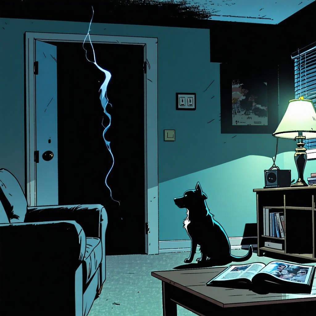 A dimly lit suburban living room at night In the center of the image a familysized outlet on the wall is slightly blackened and releasing a faint wisp of smoke in the shape of a fsih A subtle almost invisible haze lingers near the ceiling The lightin-1
