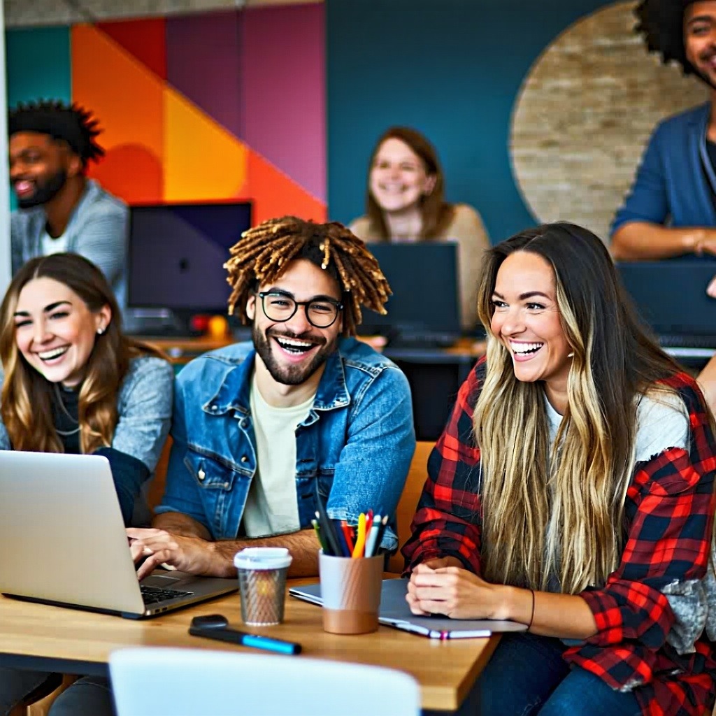 Background VisualProfessional vibrant unified design show people smiling working and relaxing