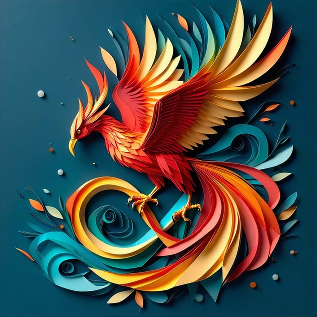 The image depicts a vibrant phoenix its fiery plumage radiating shades of red orange turquoise and gold gracefully soaring upward after elegantly looping around a sideways infinity symbol The phoenixs wings are outstretched capturing the essence of r
