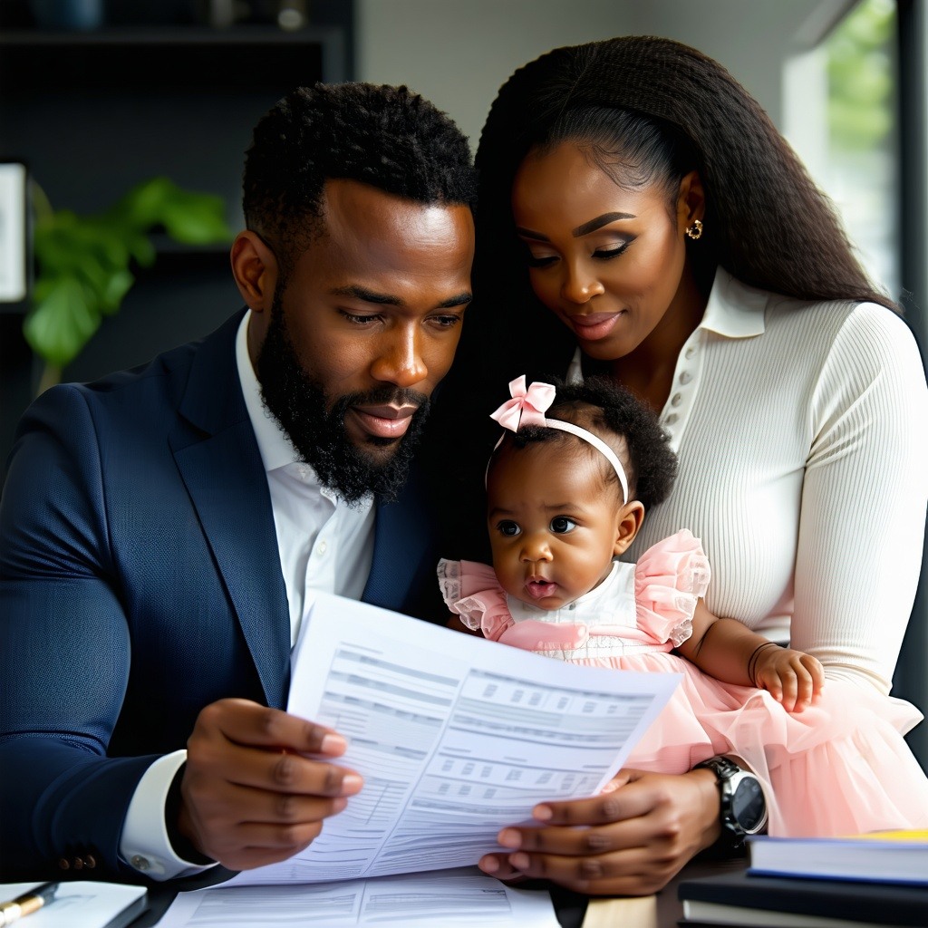 a black man sits in his office infront of a wife husband and a baby girl in mommys arms as the black man goes over a plan